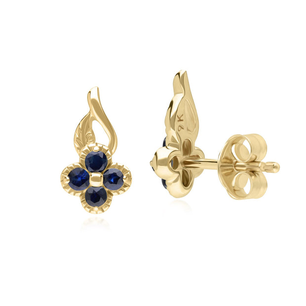 Floral Round Sapphire Stud Earrings in 9ct Yellow Gold