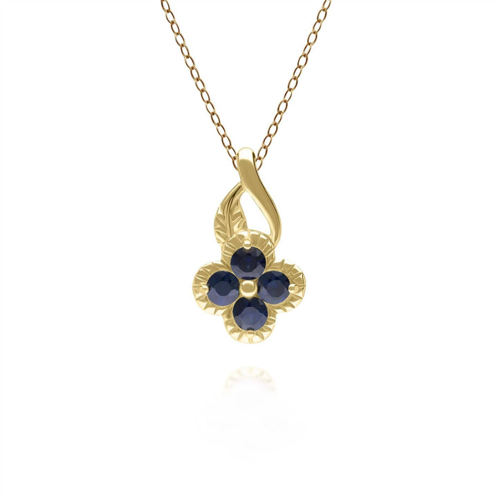 135P2096029 Floral Round Sapphire Pendant in 9ct Yellow Gold 1
