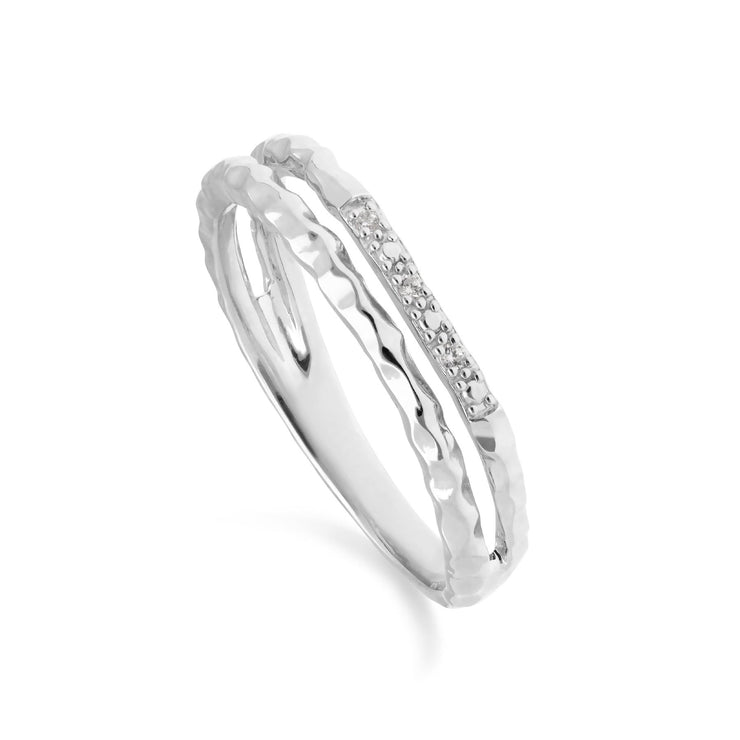 Diamond Pavé Hammered Double Band Ring in 9ct White Gold