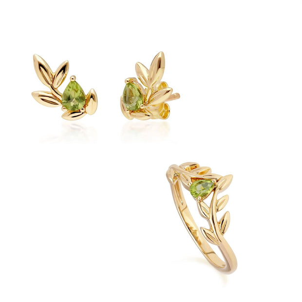 O Leaf Peridot Stud Earring & Ring Set in 9ct Yellow Gold