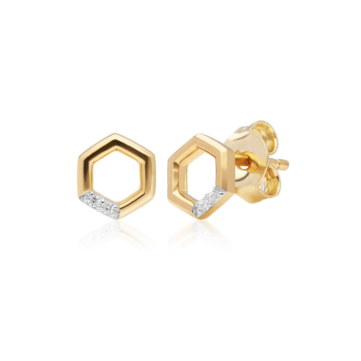 Diamond Pave Hexagon Stud Earring & Ring Set in 9ct Yellow Gold