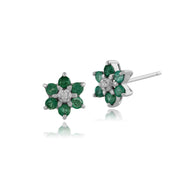 Floral Emerald & Diamond Flower Cluster Stud Earrings & Pendant Set Image 2
