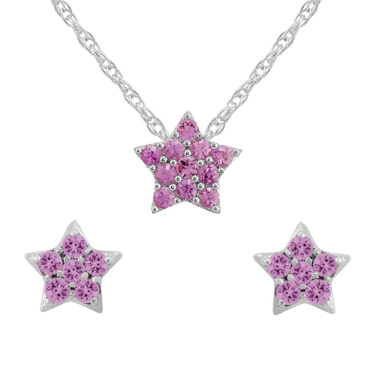 Classic Pink Sapphire Cluster Star Stud Earrings & Pendant Set Image 1