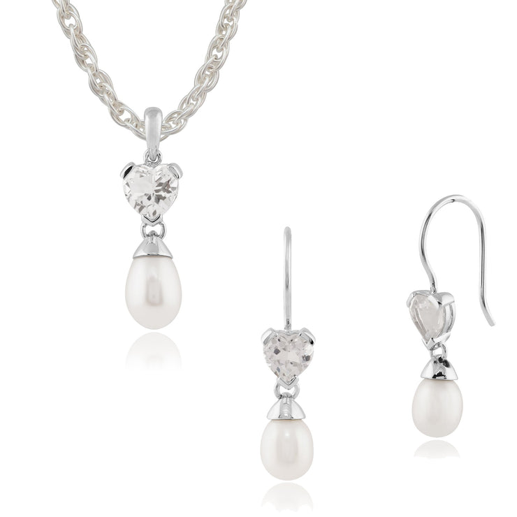 Classic Pearl & Heart White Topaz Drop Earrings & Pendant Set Image 1