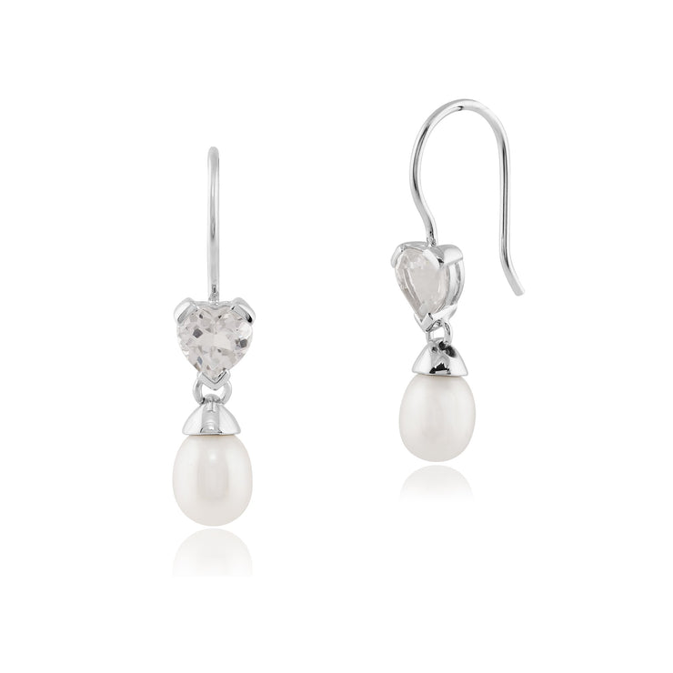 Classic Pearl & Heart White Topaz Drop Earrings & Pendant Set Image 2