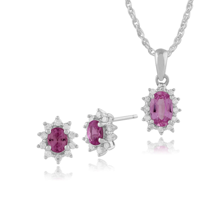 Classic Pear Pink Sapphire & Diamond Cluster Stud Earrings & Pendant Image 1