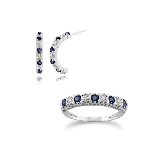 Classic Sapphire & Diamond Half Hoop Earrings & Half Eternity Ring Set Image 1