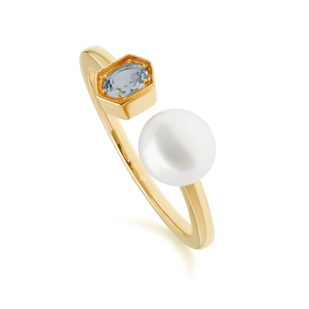 270R058706925 Modern Pearl & Blue Topaz Open Ring in Gold Plated Silver 1