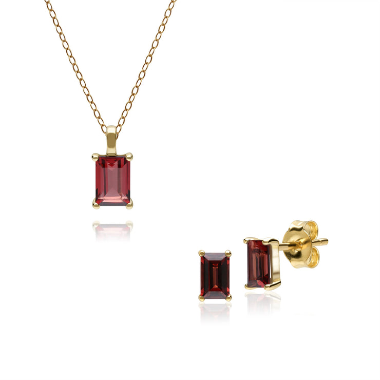 Classic Round Garnet Single Stone Baguette Stud Earrings & Necklace Set in 9ct Yellow Gold