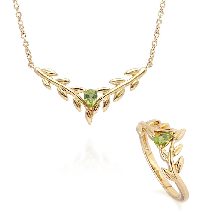 O Leaf Peridot Necklace & Ring Set in 9ct Yellow Gold