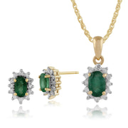 Classic Emerald & Diamond Halo Cluster Stud Earrings & Pendant Image 1