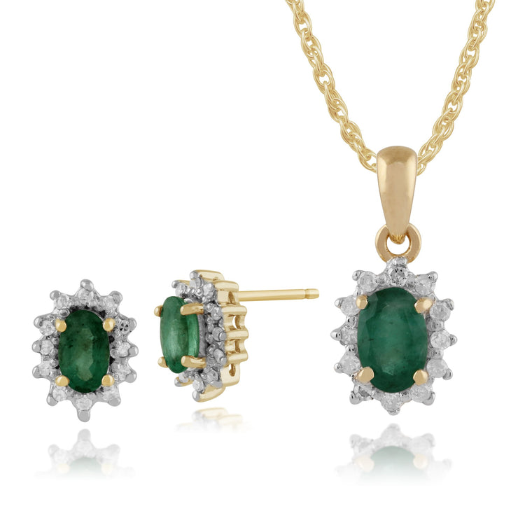 Classic Emerald & Diamond Halo Cluster Stud Earrings & Pendant Image 1