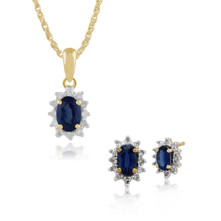Classic Sapphire & Diamond Halo Stud Earrings & Pendant Set Image 1