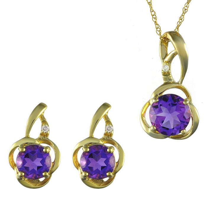 Classic Amethyst & Diamond Stud Earrings & Pendant Set Image 1