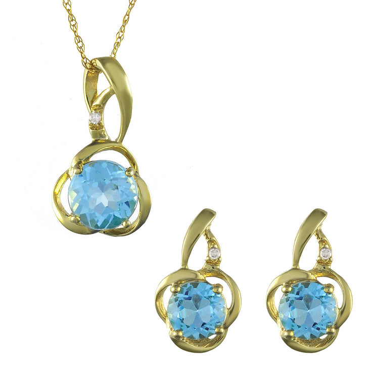 Classic Blue Topaz & Diamond Stud Earrings & Pendant Set Image 1