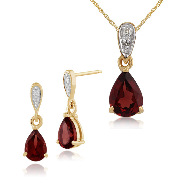 Classic Pear Garnet & Diamond Drop Earrings & Pendant Set Image 1