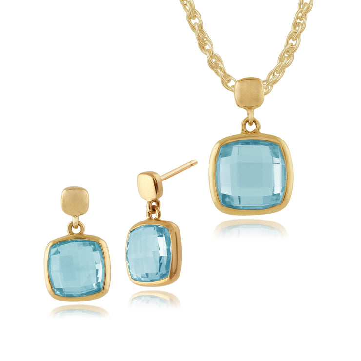 Classic Square Blue Topaz Bezel Drop Earrings & Pendant Set Image 1