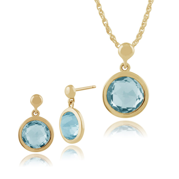 Classic Round Blue Topaz Bezel Drop Earrings & Pendant Set Image 1