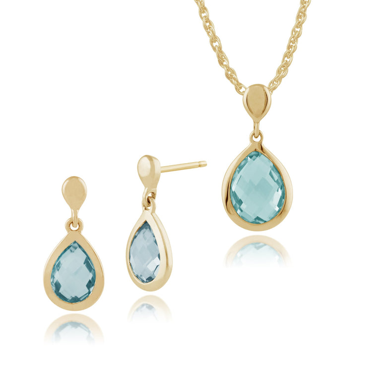 Classic Pear Blue Topaz Bezel Drop Earrings & Pendant Set Image 1