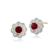 Floral Ruby & Diamond Halo Stud Earrings & Pendant Set Image 2