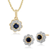Floral Sapphire & Diamond Floral Halo Stud Earrings & Pendant Set Image 1