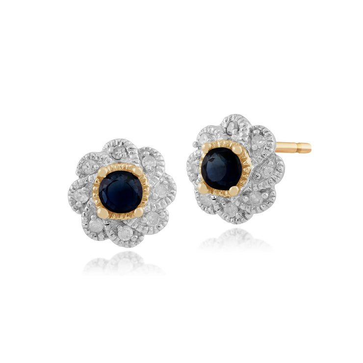 Floral Sapphire & Diamond Floral Halo Stud Earrings & Pendant Set Image 2