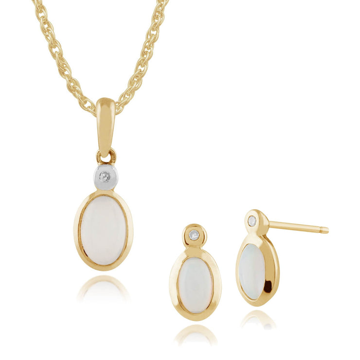 Classic Round Opal & Diamond Bezel Stud Earrings & Pendant Set Image 1