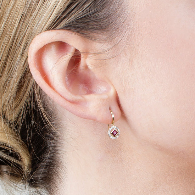 Classic Square Ruby & Diamond Halo Drop Earrings Image 2