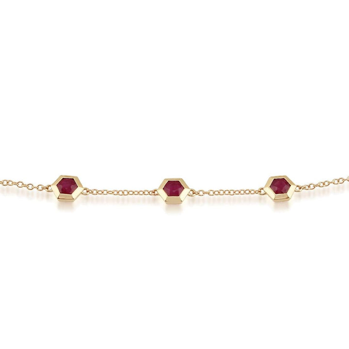 Geometric Hexagon Ruby Bezel Three Stone Bracelet in 9ct Gold