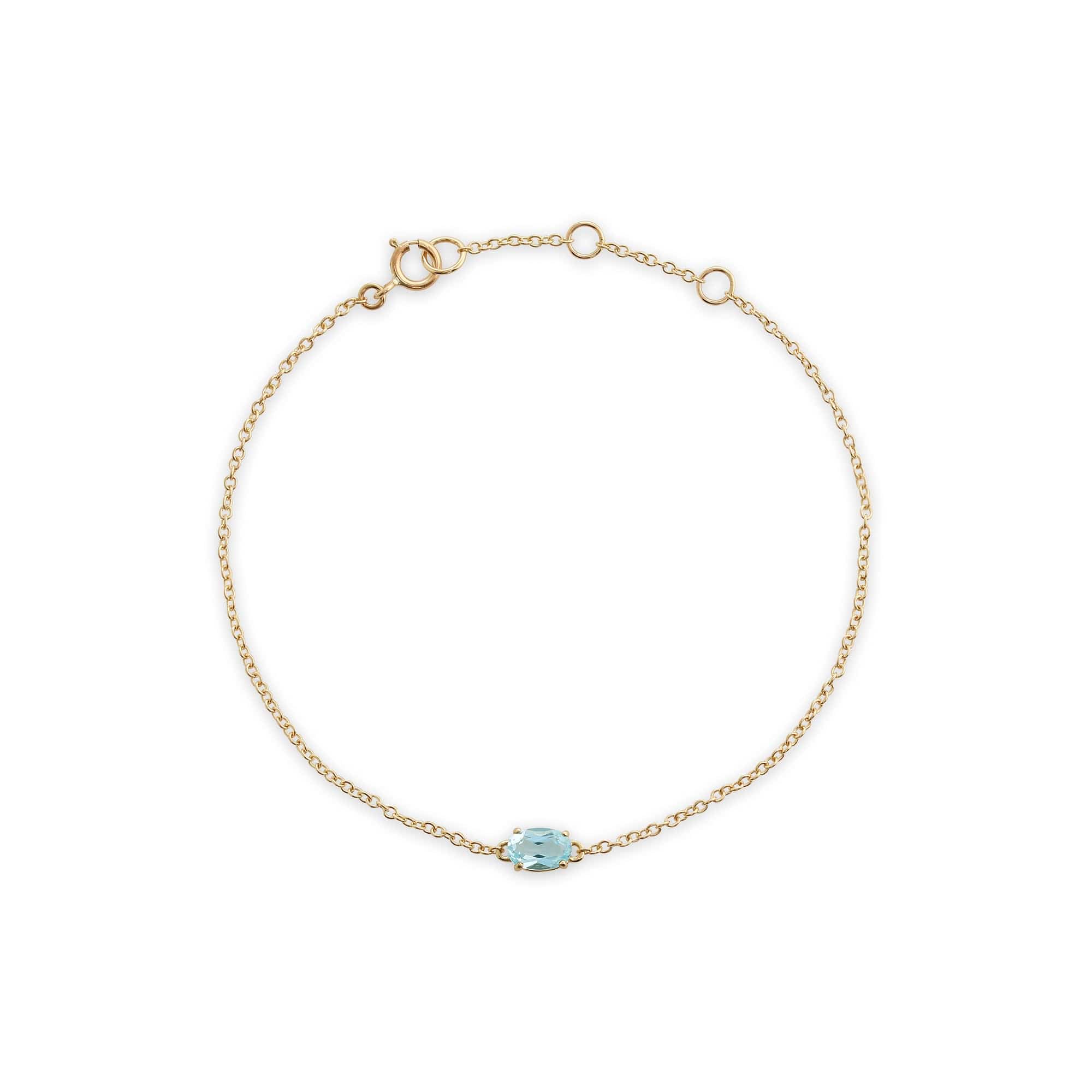 135L0220059 Classic Oval Blue Topaz Single Stone Bracelet in 9ct Yellow Gold 1