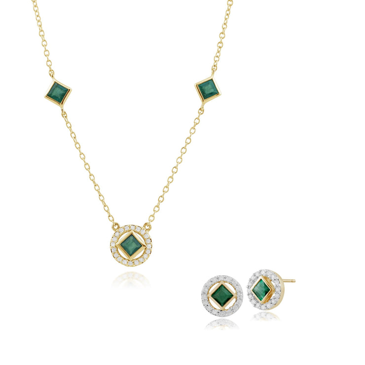 Geometric Emerald & Diamond Stud Earrings & Necklace Set Image 1