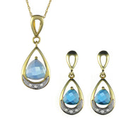 Art Nouveau Blue Topaz & Diamond Drop Earrings & Pendant Set Image 1