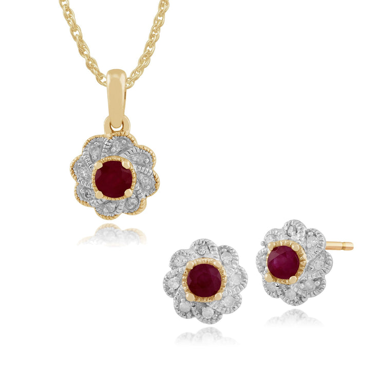 Floral Ruby & Diamond Halo Stud Earrings & Pendant Set Image 1