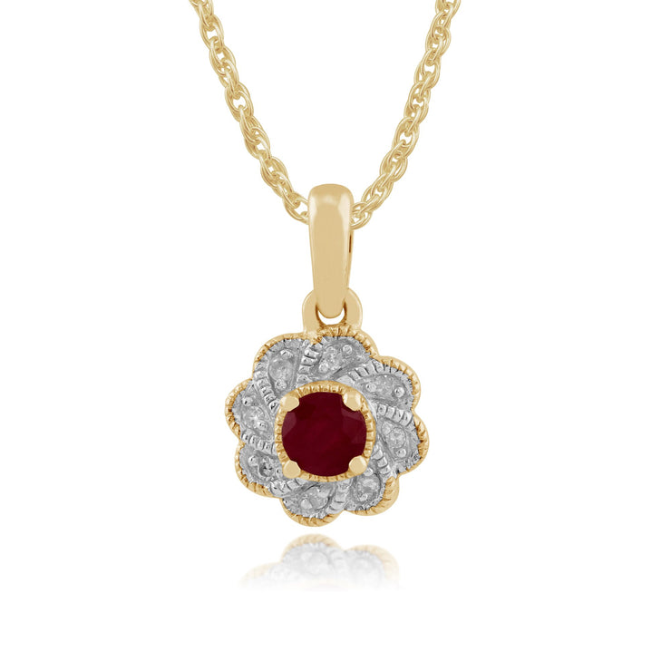 Floral Ruby & Diamond Halo Stud Earrings & Pendant Set Image 3