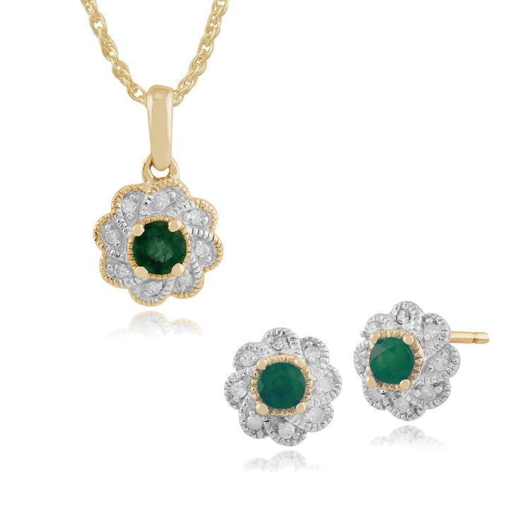 Floral Emerald & Diamond Halo Stud Earrings & Pendant Set Image 1