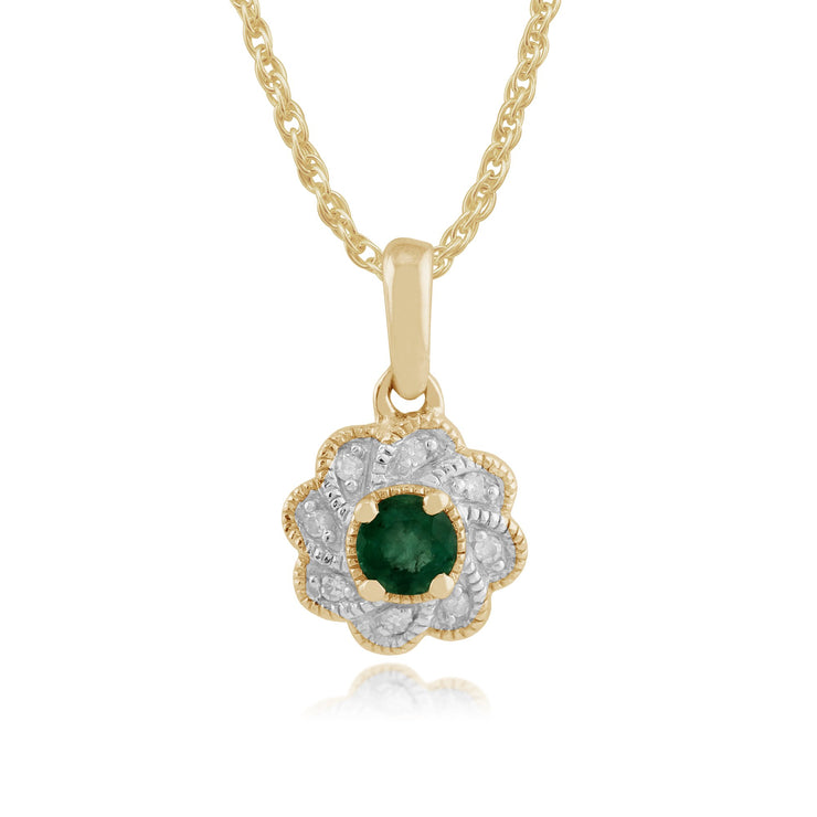 Floral Emerald & Diamond Halo Stud Earrings & Pendant Set Image 3
