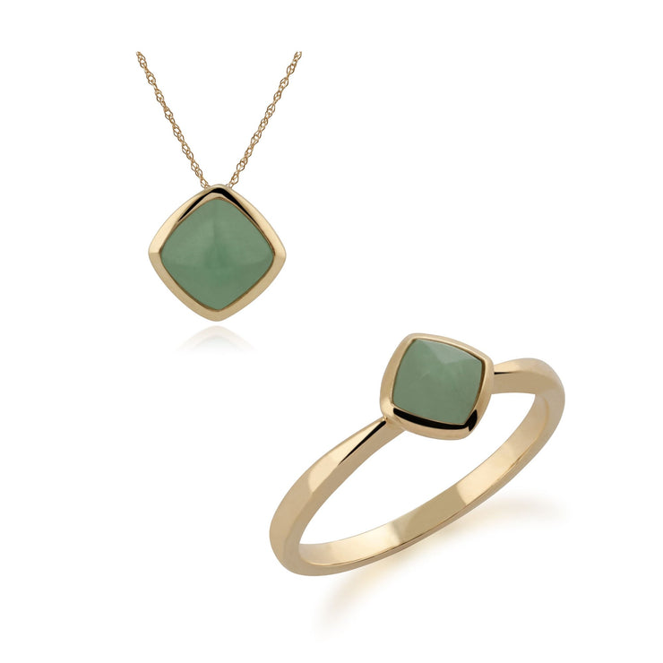 Geometric Green Jade Sugarloaf Pendant & Solitaire Ring Set Image 1