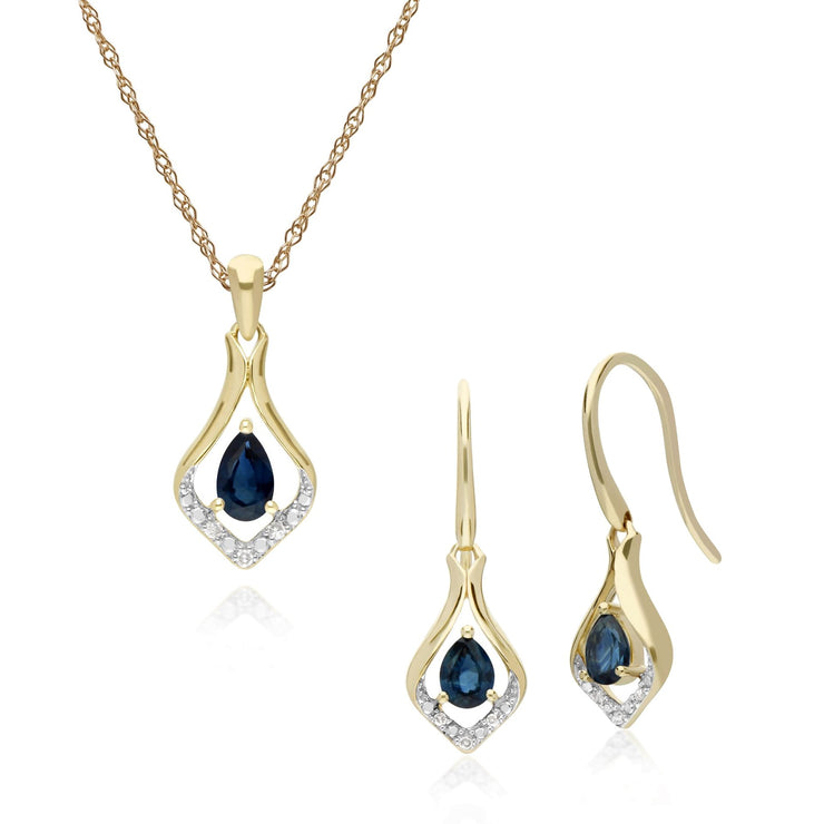 Classic Sapphire & Diamond Leaf Drop Earrings & Pendant Set Image 1