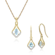 Classic Blue Topaz & Diamond Leaf Drop Earrings & Pendant Set Image 1