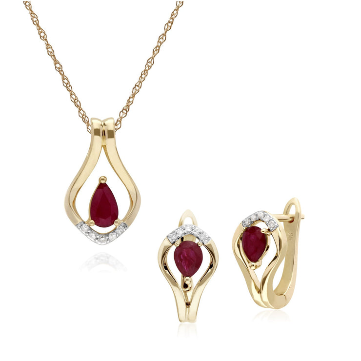 Classic Ruby & Diamond Leaf Lever back Earrings & Pendant Set Image 1