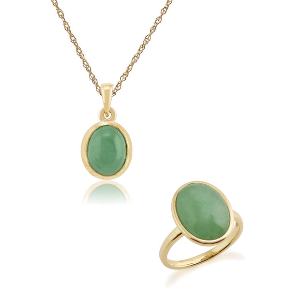 Classic Green Jade Bezel Pendant & Cocktail Ring Set Image 1