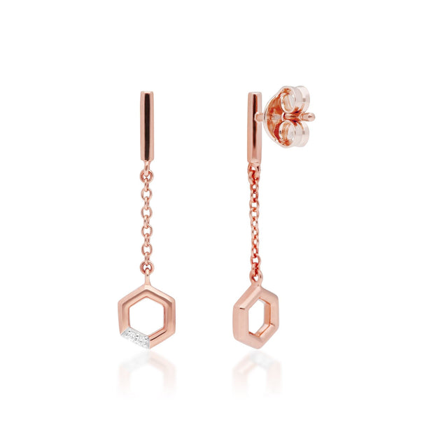 Diamond Pave Hexagon Dangle Drop Chain Earrings in 9ct Rose Gold
