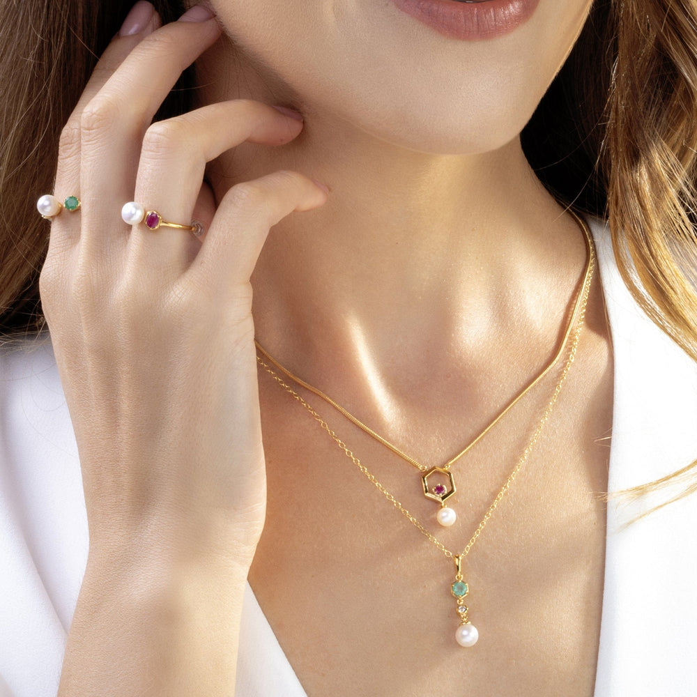 270R058602925 Modern Pearl, Ruby & Topaz Open Ring in Gold Plated Silver 2