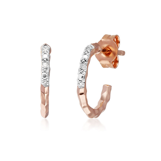 Diamond Pavé Hammered Mini Hoop Earrings in 9ct Rose Gold