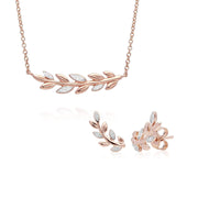 O Leaf Diamond Necklace & Stud Stud Earring Set in 9ct Rose Gold