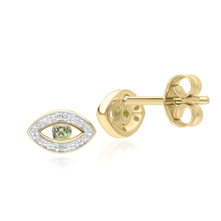 ECFEW™ Dainty Evil Eye Peridot & Diamond Stud Earrings in 9ct Yellow Gold