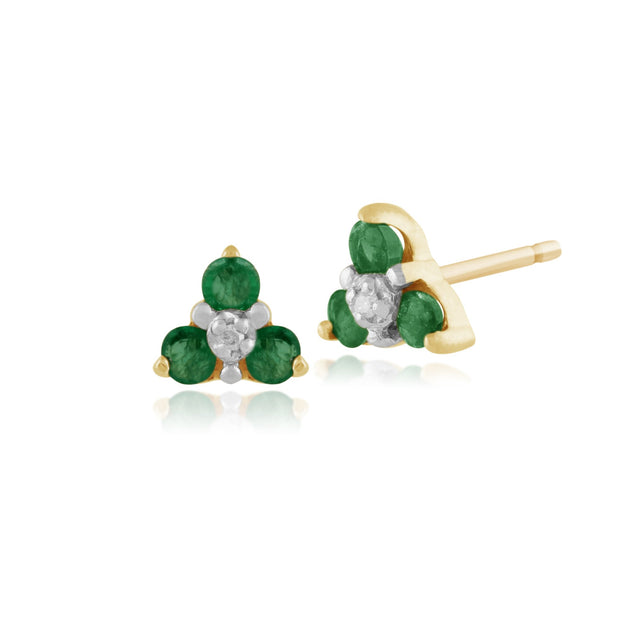 Floral Round Emerald & Diamond Cluster Stud Earrings in 9ct Yellow Gold