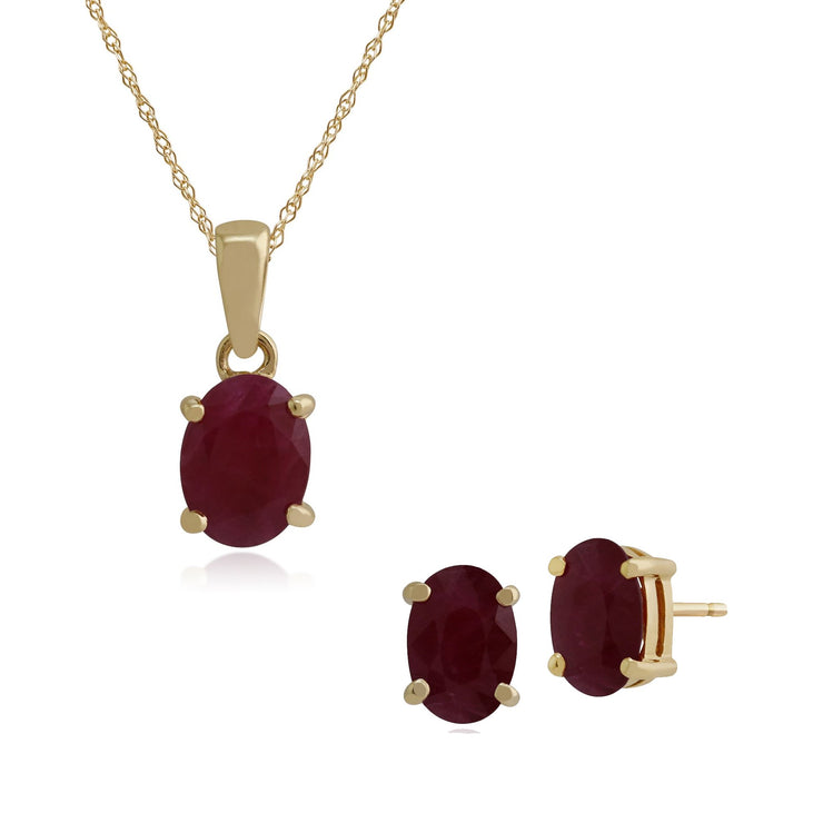 Classic Oval Ruby Single Stone Stud Earrings & Pendant Set Image 1