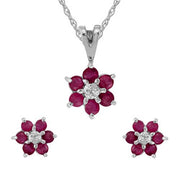 Floral Ruby & Diamond Cluster Stud Earrings & Pendant Set Image 1