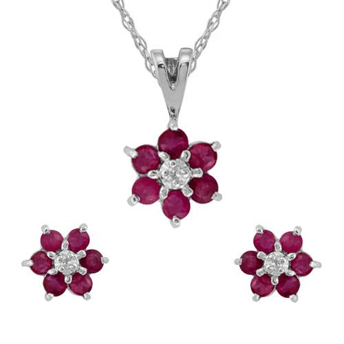Floral Ruby & Diamond Cluster Stud Earrings & Pendant Set Image 1
